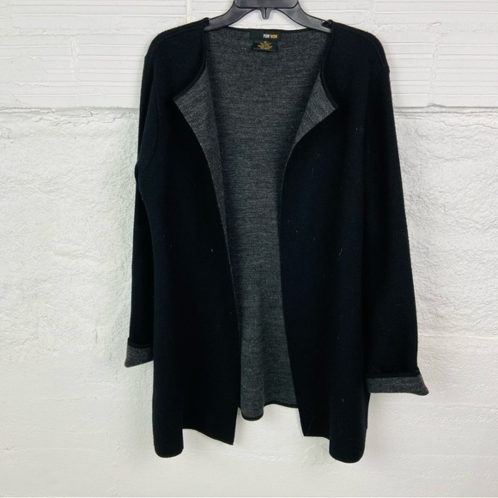 POW WOW black & gray wool blend open front tie cardigan sweater size medium